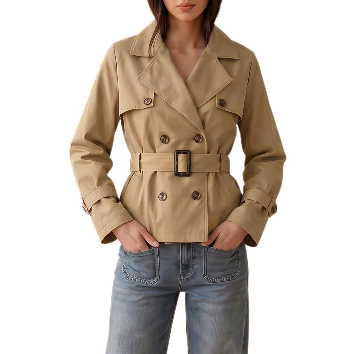 Женская куртка INSPIRE CHIC Classic Notched Lapel Double Breasted Belted Adjustable Cuff Windproof Jacket L Khaki, цвет: Хаки — фото 1