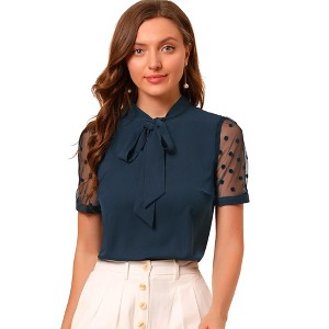 INSPIRE CHIC Women's Bow Tie V Neck Stand Collar Short Mesh Sleeve Blouse - 1 of 4