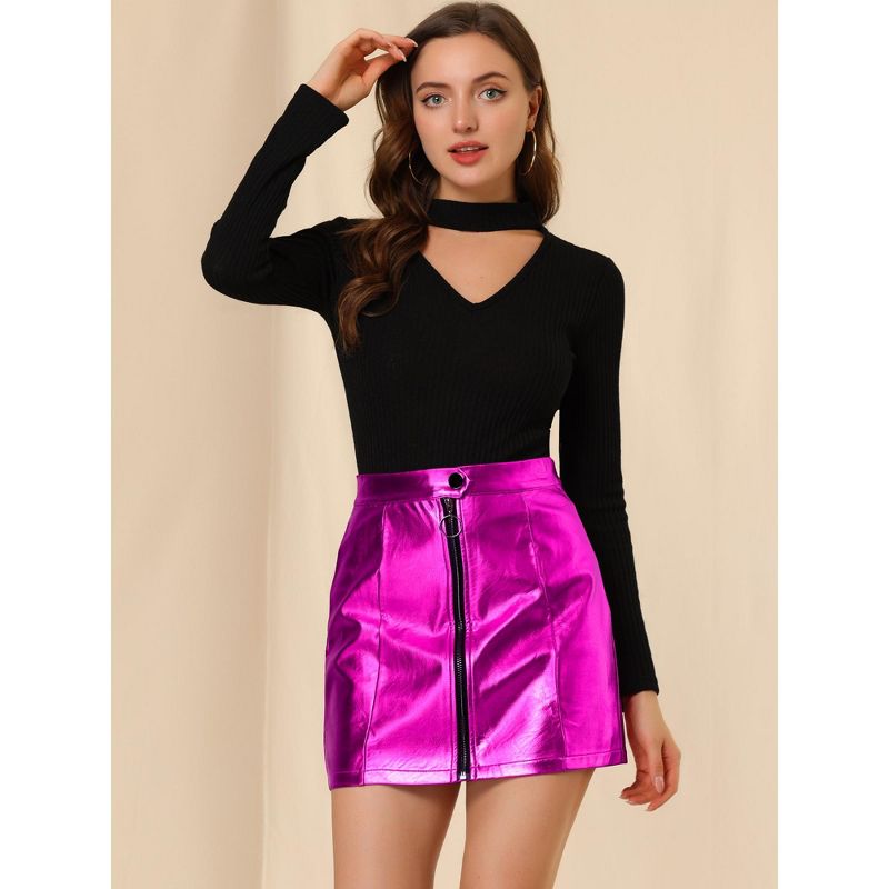 Allegra K Women's Metallic Shiny Holographic High Waist Zipper Mini Skirts, 3 of 8