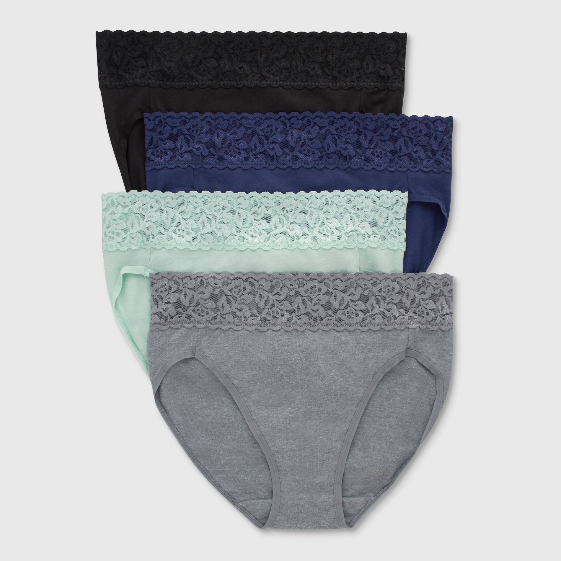 Hanes Women's 4pk Lace Hi-Cut Underwear - Black/Blue/Gray M: Tagless, Lightweight Knit, Medium