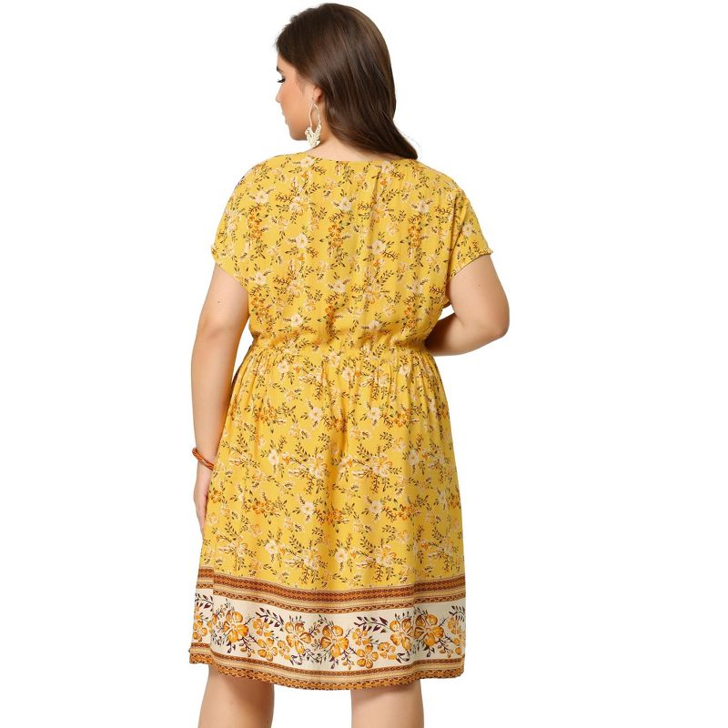 Agnes Orinda Women's Plus Size Boho Floral Pattern V Neck Drop Shoulder Drawstring Waist Dresses, 5 of 7