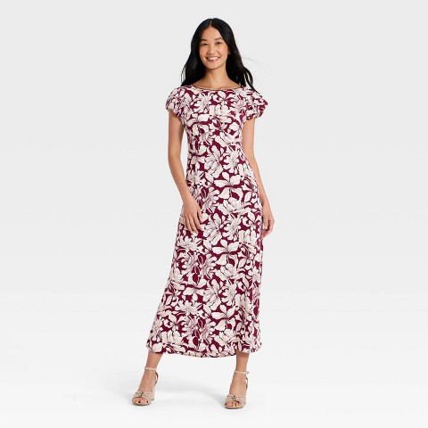 Женские платья A New Day Women's Puff Short Sleeve Floral Maxi Dress - A New Day™ Maroon XS