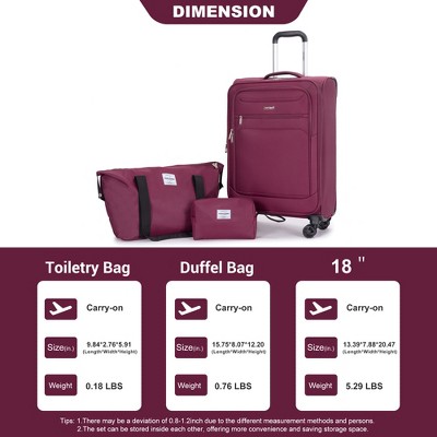 Vynxaria 3-Piece Wine Red Softshell Luggage Set 18" Spinner Suitcase Travel Bag Toiletry Pouch Lightweight Durable