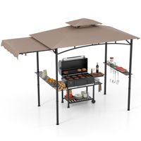Costway 11 x 5 Feet Grill BBQ Gazebo with Side Awning Double-Tiered Top 2 Side Shelves (Brown)