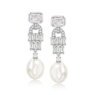 Ross-Simons 10-10.5mm Shell Pearl and 3.60 ct. t.w. CZ Vintage-Style Drop Earrings in Sterling Silver