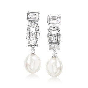 Ross-Simons 10-10.5mm Shell Pearl and 3.60 ct. t.w. CZ Vintage-Style Drop Earrings in Sterling Silver - 1 of 3