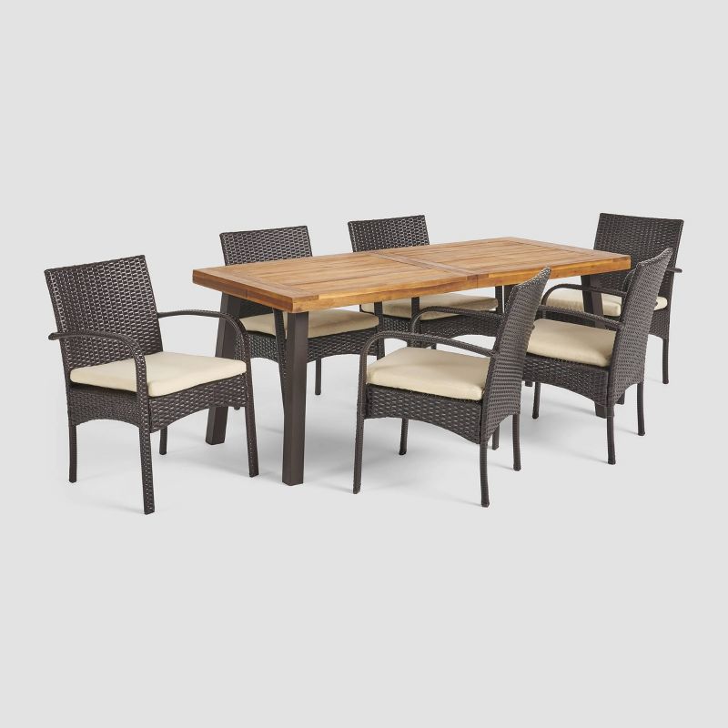 Bavaro 7pc Rectangle All-Weather Wicker and Wood Patio Dining Set - Brown/Cream - Christopher Knight Home, 3 of 7