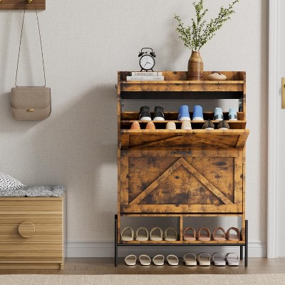 Wooden Shoe Storage Cabinet,  Hidden Freestanding Shoe Rack with 2 Flip Drawers and Adjustable Shelf, for Entryway, Hallway