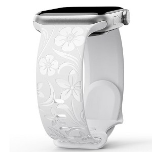 HTUTWOO Floral Engraved Apple Watch Band, Silicone Glossy Wildflower Strap 38/40/41/42/44/45/49mm for iWatch Series 10 9 8 7 6 5 4 3 2 1 SE Ultra - 1 of 4