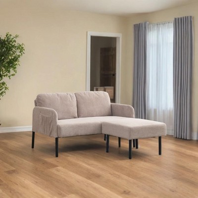 L-Shaped 2 Seater Sofa with Ottoman, Modern Polyester Fabric Loveseat Sofa, Comfy Small Couches for Small Space Living Room