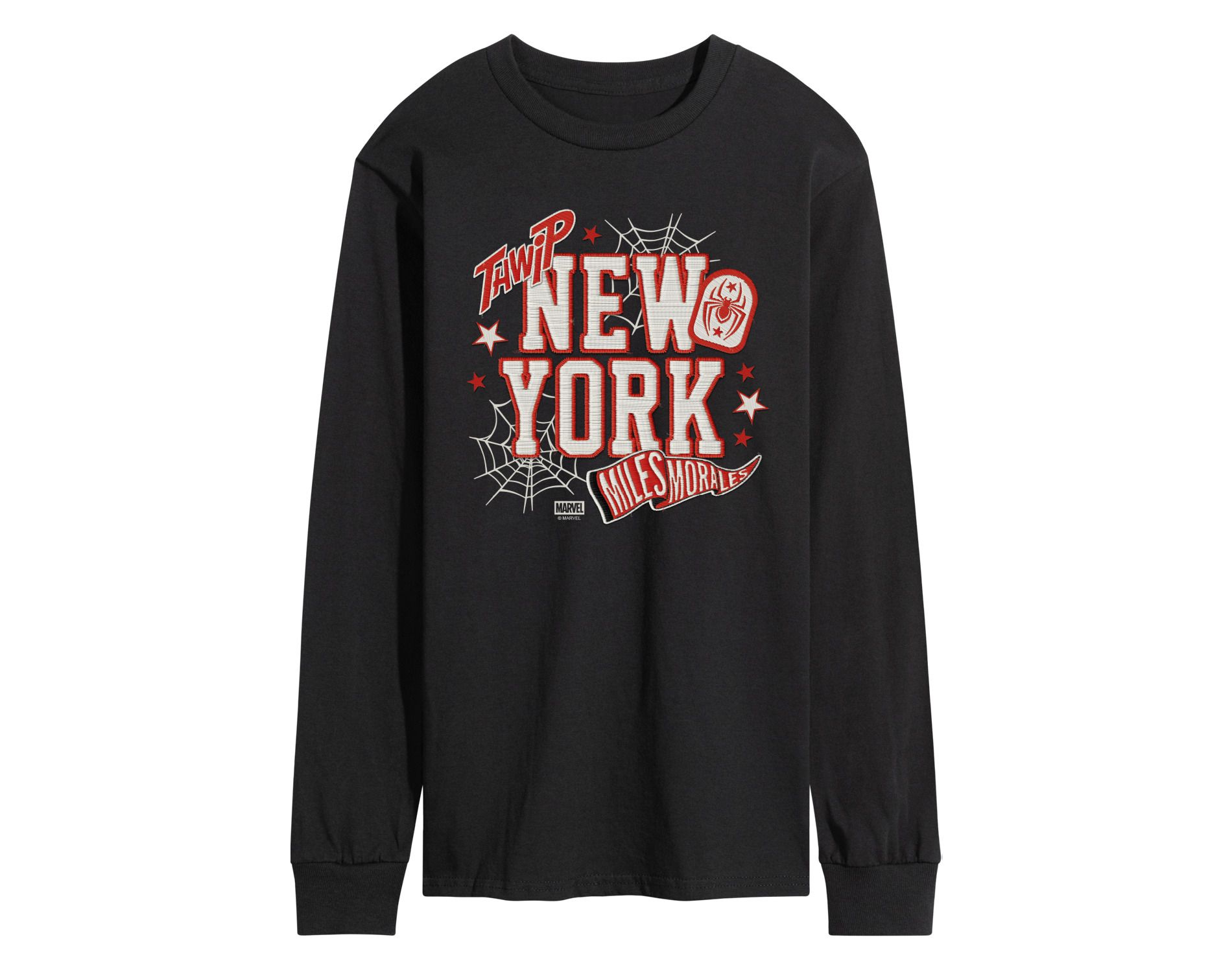 Men's Spider-Man NYC Miles Faux Patches Long Sleeve Graphic T-Shirt - Black - Large
