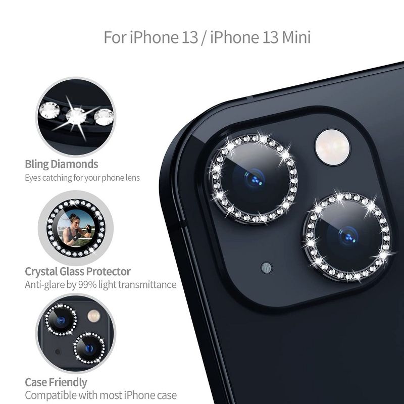 Diamond Camera Lens Protector, Diamond Tempered Glass Camera Cover Screen Protector for iPhone 14 / iPhone 14 Plus, 2 of 5