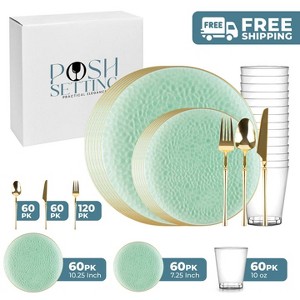 Posh Setting 420 Piece Green And Gold Plastic Party Bundle - Organic Hammered (60 Settings) - 1 of 4