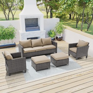 Sonkuki 5-Piece Patio Conversation Sofa Set Gray Rattan with Widen Armrest, - 1 of 4