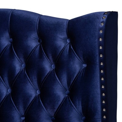 Luxurious Navy Blue Velvet Queen Bed with Tufted Wingback Headboard