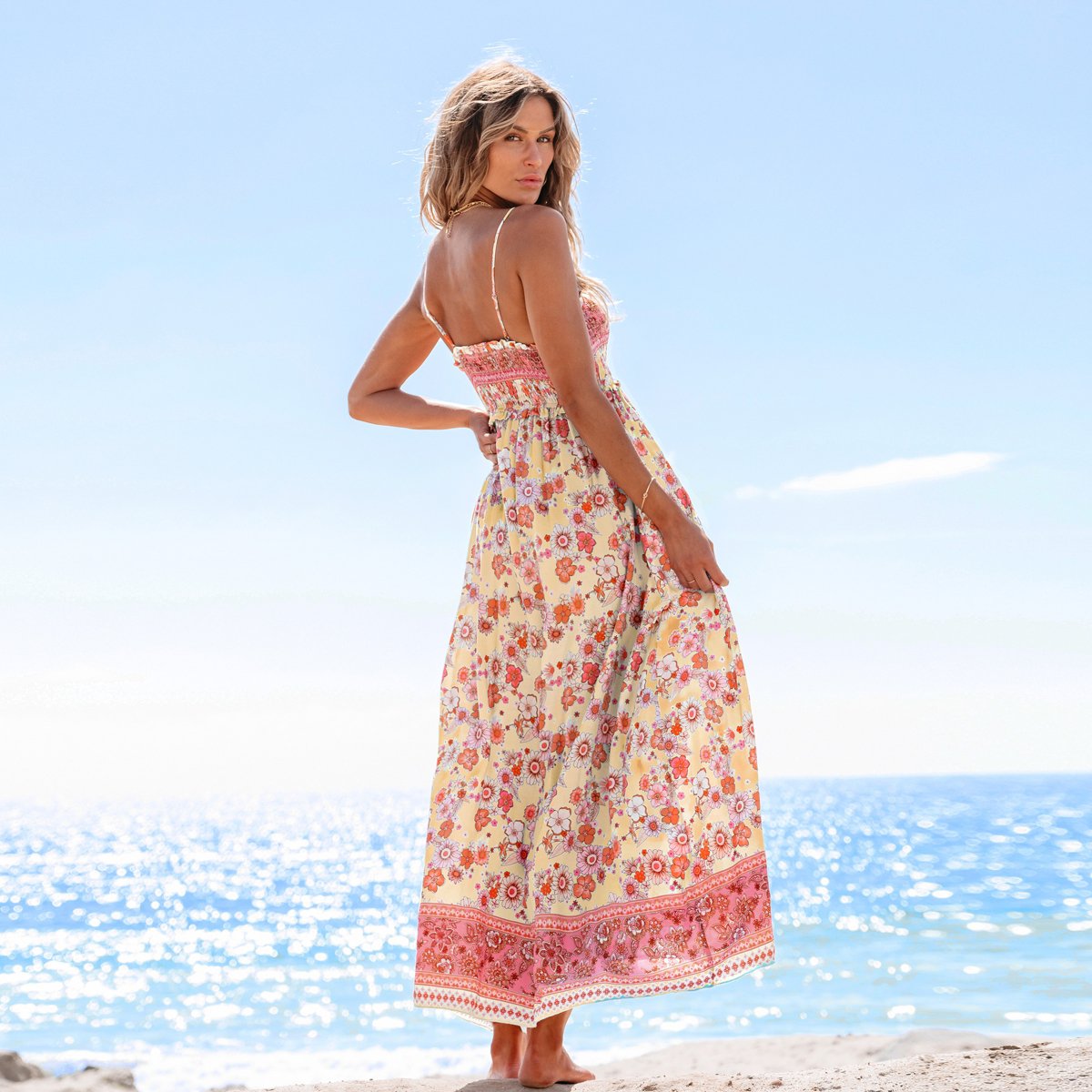 Женские платья Cupshe Women's Boho Chic Floral Print Maxi Dress with Smocked Bodice-S-Blue&Pink — фото 8