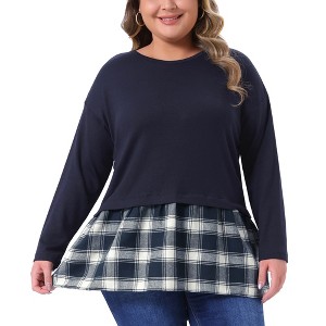 Women's Plus Size Patchwork Plaid Contrast Hem Crew Neck Long Sleeve Casual Fall Peplum Blouse - Agnes Orinda - 1 of 4