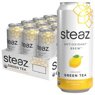 Steaz Organic Green Tea Unsweetened, Lemon - 16 Fl Oz Can (Pack of 12)