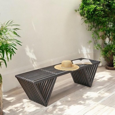 Alilang 63.00 inches Modern Wooden Slatted Outdoor Bench with Sculptural Base Design-Dark Gray