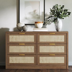 Coucheta Rattan 6-Drawer Dresser - Farmhouse Storage Chest with Woven Accents, Gold Handles, Caramel Oak Finish, Mid-Century Modern TV Stand - 1 of 4
