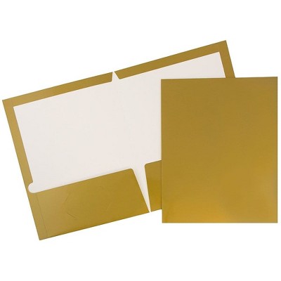 JAM Paper Laminated Two-Pocket Glossy Presentation Folders Gold Bulk 25/Pack 385GGOD
