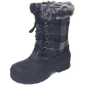 Women's Winter Boots Flannel Plaid Insulated Fur Warm Snow Boots-Black - 1 of 3