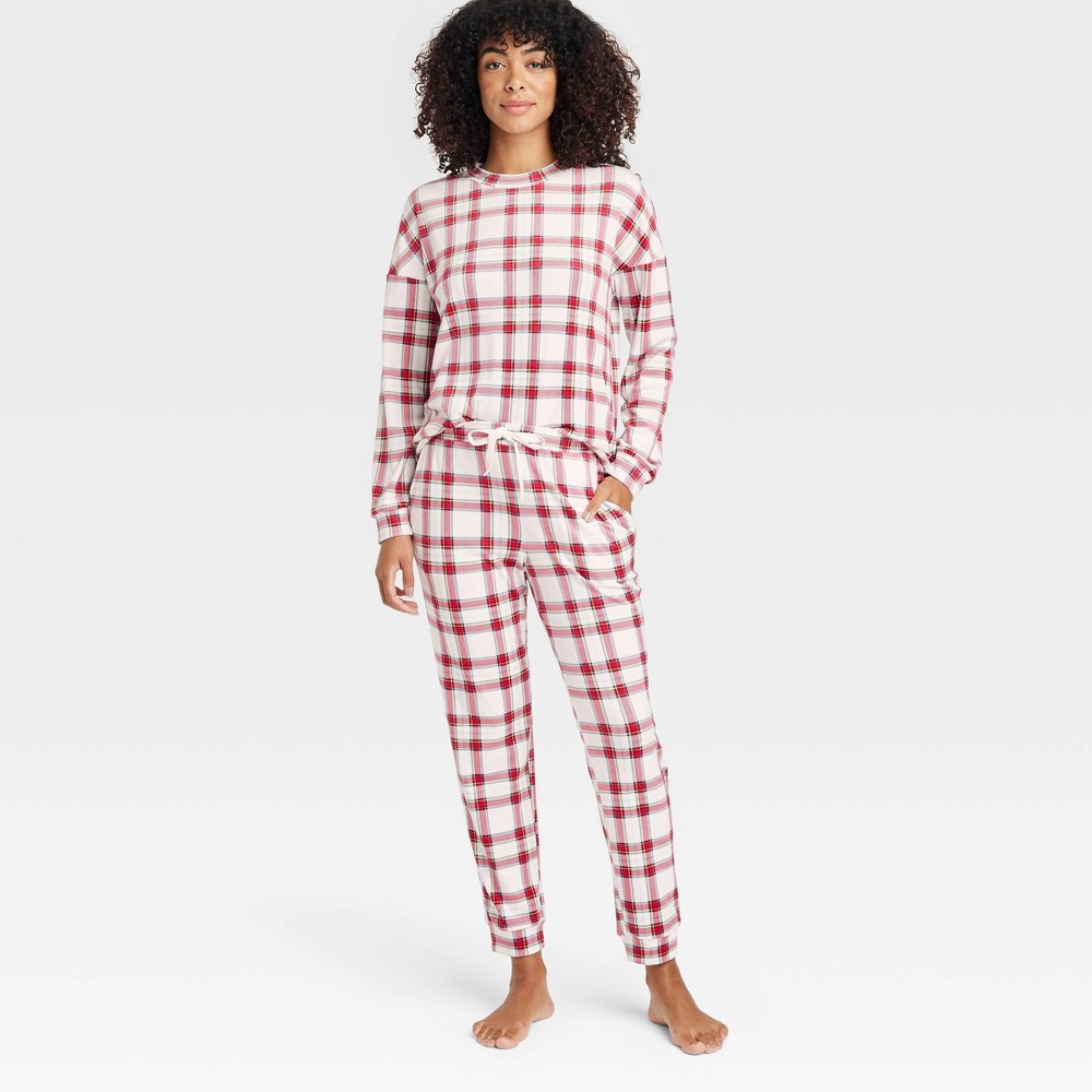 women's minky fleece pullover top and joggers pajama set - auden™ cream/plaid l