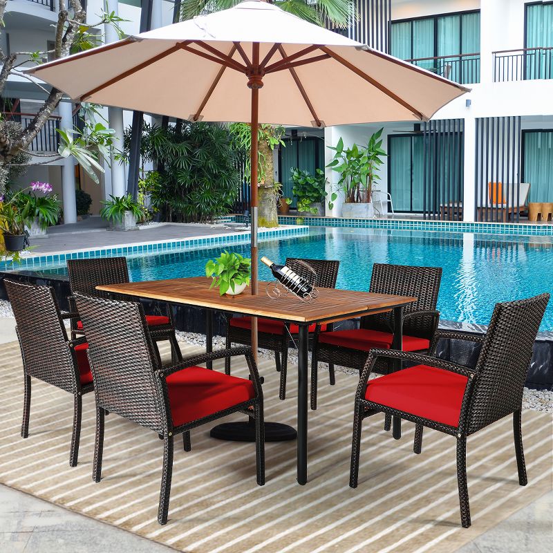 Tangkula 7- Piece Patio Dining Furniture Set Acacia Wood and Wicker Dining Table Armchairs Navy/Red/White/Turquoise, 2 of 8