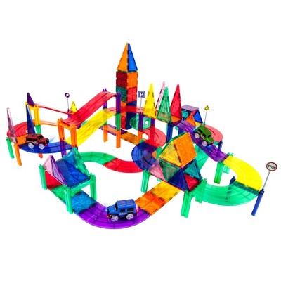 PICASSO-TILES 128 Pc Magnetic Tiles Race Track, Building Blocks Racing Toys with 3 Cars Included for Kids