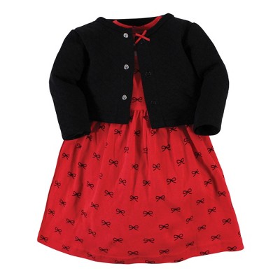 Image of Hudson Baby Toddler and Baby Girl Quilted Cardigan and Dress, Red Black Bows, 5 Toddler