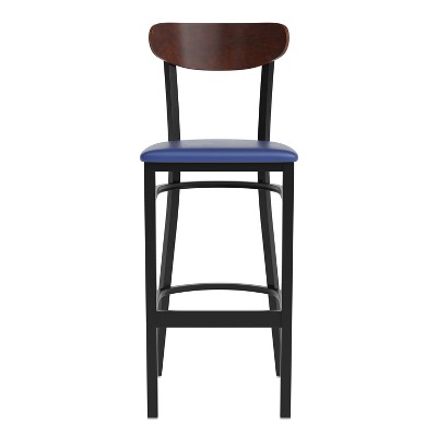 Wright 59'' Blue and Walnut Modern Commercial Barstool with Steel Frame