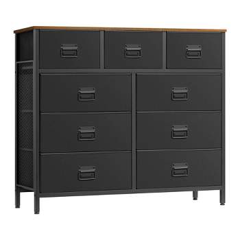 SONGMICS Dresser for Bedroom, Storage Organizer Unit with 9 Fabric, Chest, Steel Frame, Rustic Brown and Black