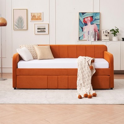 Twin Daybed with Trundle - Upholstered Orange Sofa Sleeper, Wood Slat Support & Space-Saving Design for Small Spaces & Guest Rooms