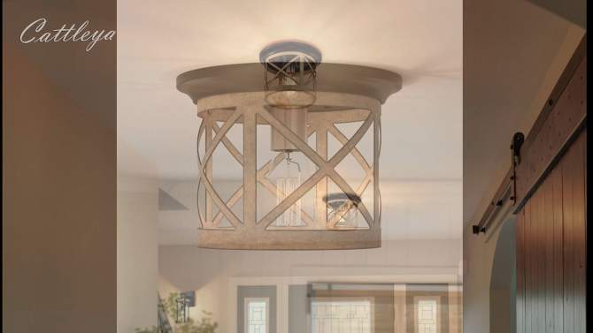 C Cattleya 1-Light Oil-rubbed Bronze and Briarwood Finish Farmhouse Cage Flush Mount Ceiling Light, 2 of 9, play video