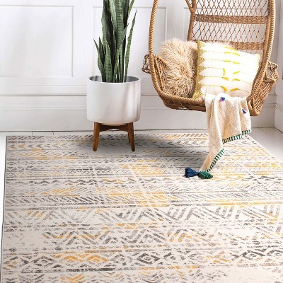 Cheerful Yellow Geometric 5' x 7' Easy-Care Synthetic Area Rug