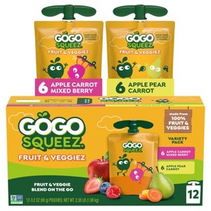 GoGo SqueeZ Fruit & VeggieZ No Sugar Added Applesauce and Puree Apple Pear Carrot and Apple Carrot Mixed Berry Variety Pack - 3.2oz/12ct - 1 of 4