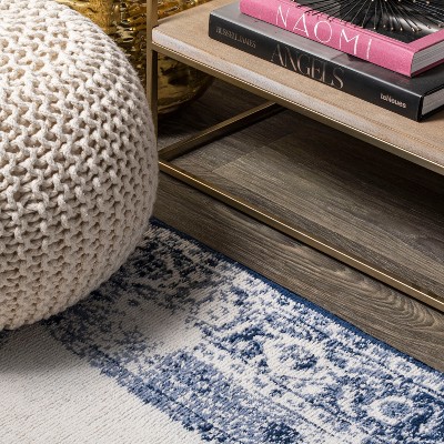 Handmade Rectangular Dark Blue/Ivory Synthetic Area Rug
