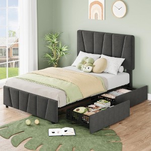 Twin Size Bed Frame, Linen Upholstered Platform Bed Frame with 2 Storage Drawers and Adjustable Headboard, Wooden Slats Supports Bed Base, No Box - 1 of 4