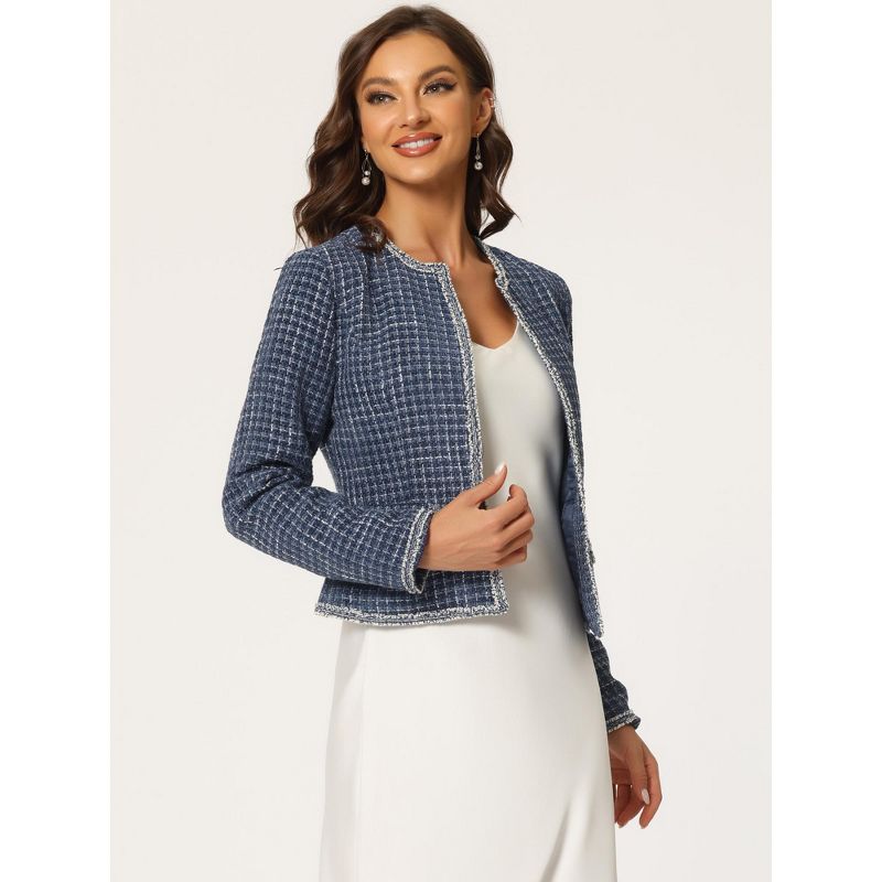 Allegra K Women's Long Sleeve Open Front Work Office Short Plaid Tweed Blazer, 3 of 6