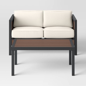 Bryant 2pc Faux Wood Patio Loveseat & Coffee Table - Gray/Natural - Threshold™: Steel Frame, Weather-Resistant - 1 of 4