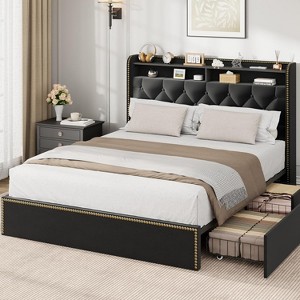 Velvet Bed Frame with 4 Storage Drawers, Upholstered Queen Platform with Tufted Headboard and Nailhead Trim Design - 1 of 4