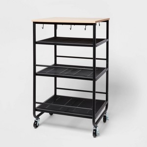 Narrow Metal Storage Cart with Wood Top Black - Brightroom™: Rolling Utility Cart with Casters & Fixed Shelves - 1 of 3