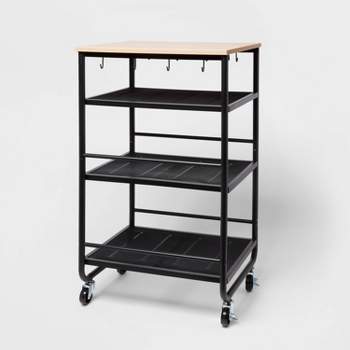 Narrow Metal Storage Cart with Wood Top Black - Brightroom™: Rolling Utility with Mesh Shelves, Casters & Hooks