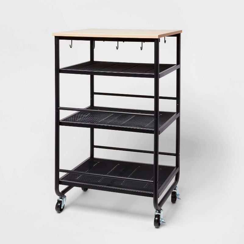 Narrow Metal Storage Cart with Wood Top Black - Brightroom&#8482;: Rolling Utility with Mesh Shelves, Casters & Hooks, 1 of 5