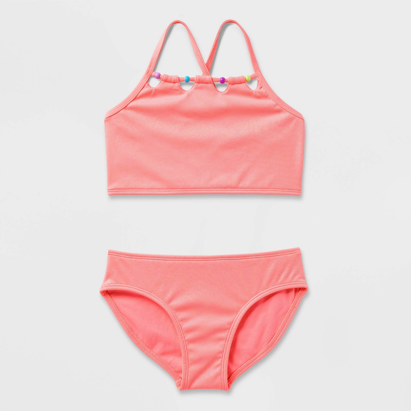 Детский купальник Cat & Jack Girls' Solid Bikini with Beads, цвет: Коралловый — фото 2