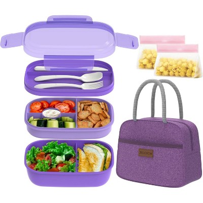Bento Lunch Box Set - 3 Stackable Containers for Adults and Kids，lunch box for women- Includes Lunch Bag, Leak-Proof and Built-in Utensil Set