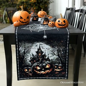 Haunted Horrors 72" Table Runner, Jacquard Halloween Home Black Tablecloth Decoration with Pumpkins and Spiderwebs| OrnamentallyYou - 1 of 4