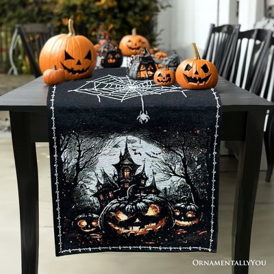 Chemin De Table Halloween - Dimensions 33x183cm - Motif Citrouilles, Fantômes, Toiles D'araignée - Polyester Résistant Aux Taches