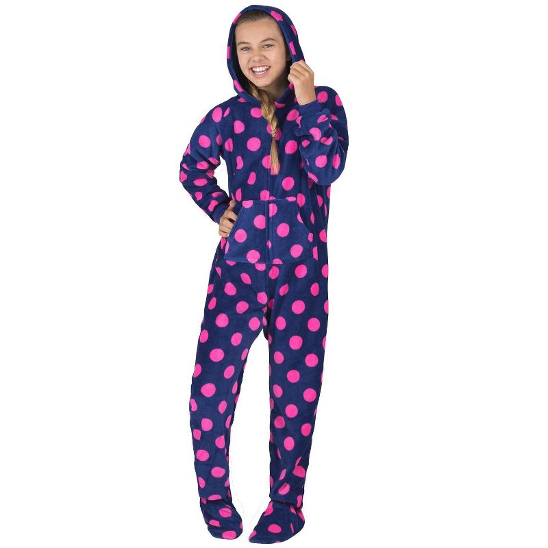 Footed Pajamas - Navy Pink Polka Kids Hoodie Chenille Onesie, 3 of 4