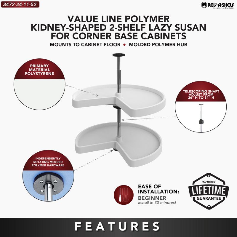 Rev-A-Shelf Polymer Kidney Shaped 2-Shelf Lazy Susan for Kitchen Corner Base Cabinets, 3 of 7